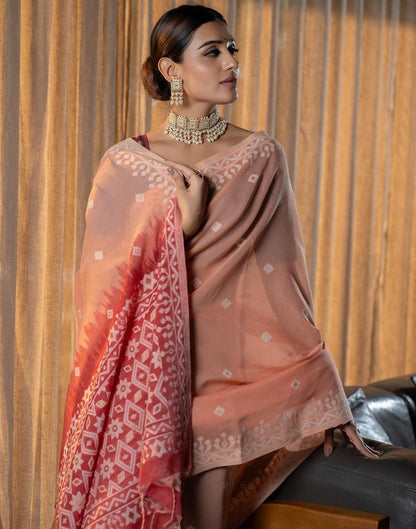 Peach Cotton Woven Saree