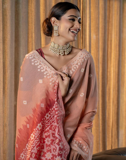 Peach Cotton Woven Saree