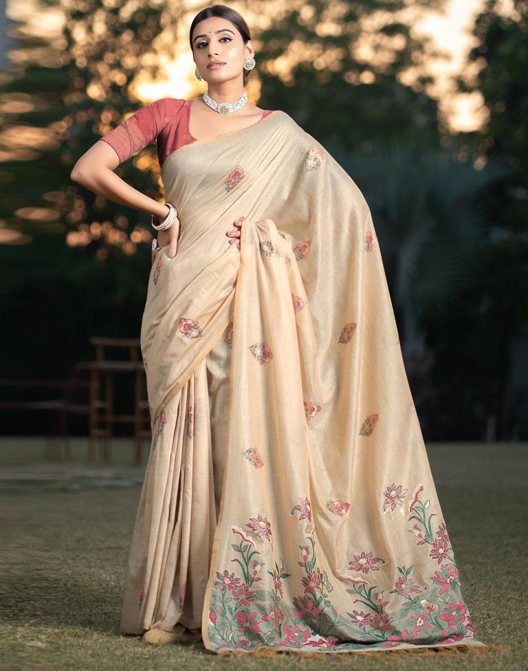 Beige Cotton Woven Saree