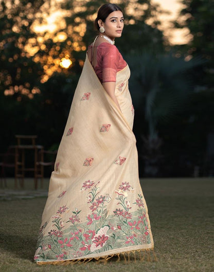 Beige Cotton Woven Saree