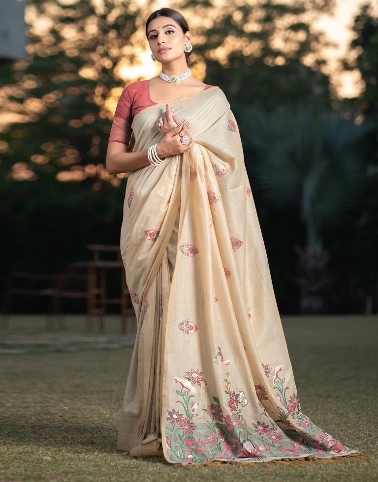 Beige Cotton Woven Saree