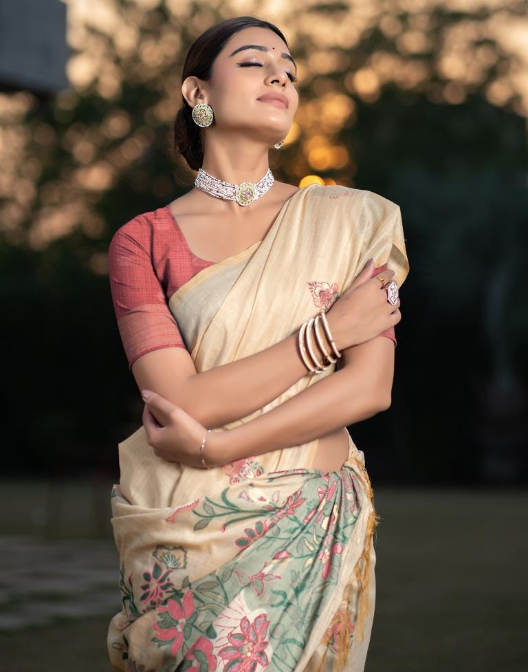 Beige Cotton Woven Saree