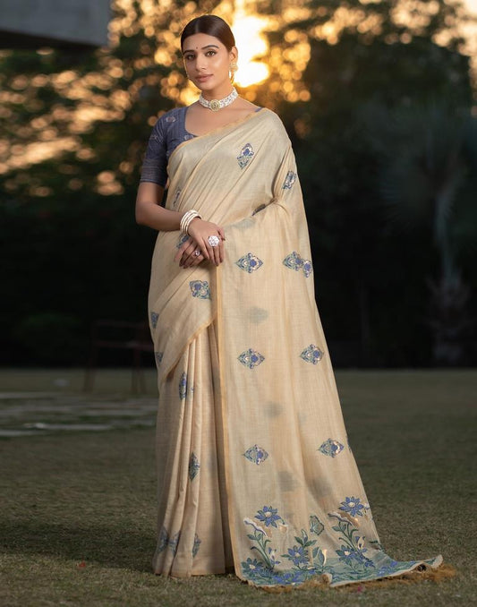 Beige Cotton Woven Saree