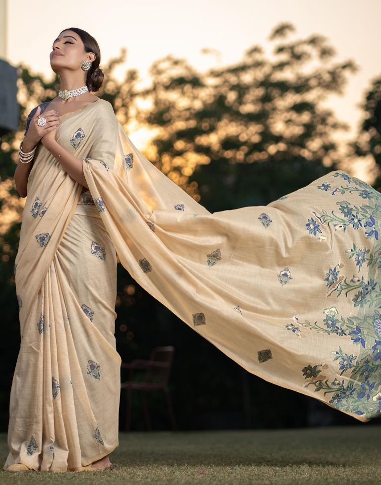 Beige Cotton Woven Saree