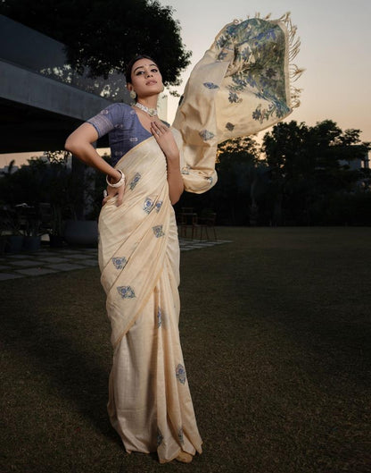 Beige Cotton Woven Saree