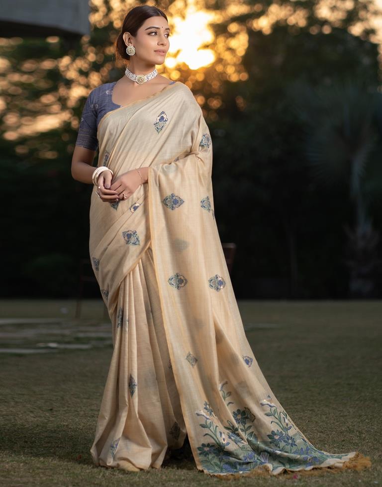 Beige Cotton Woven Saree