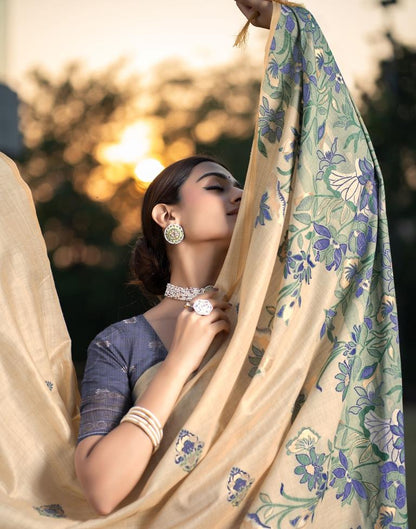 Beige Cotton Woven Saree