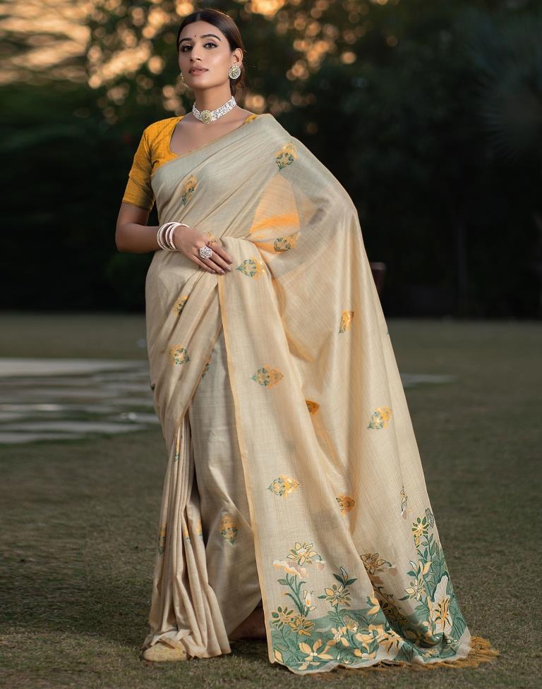 Beige Cotton Woven Saree