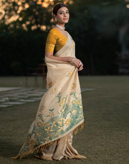 Beige Cotton Woven Saree