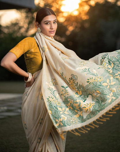 Beige Cotton Woven Saree