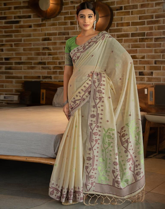 Beige Cotton Woven Saree