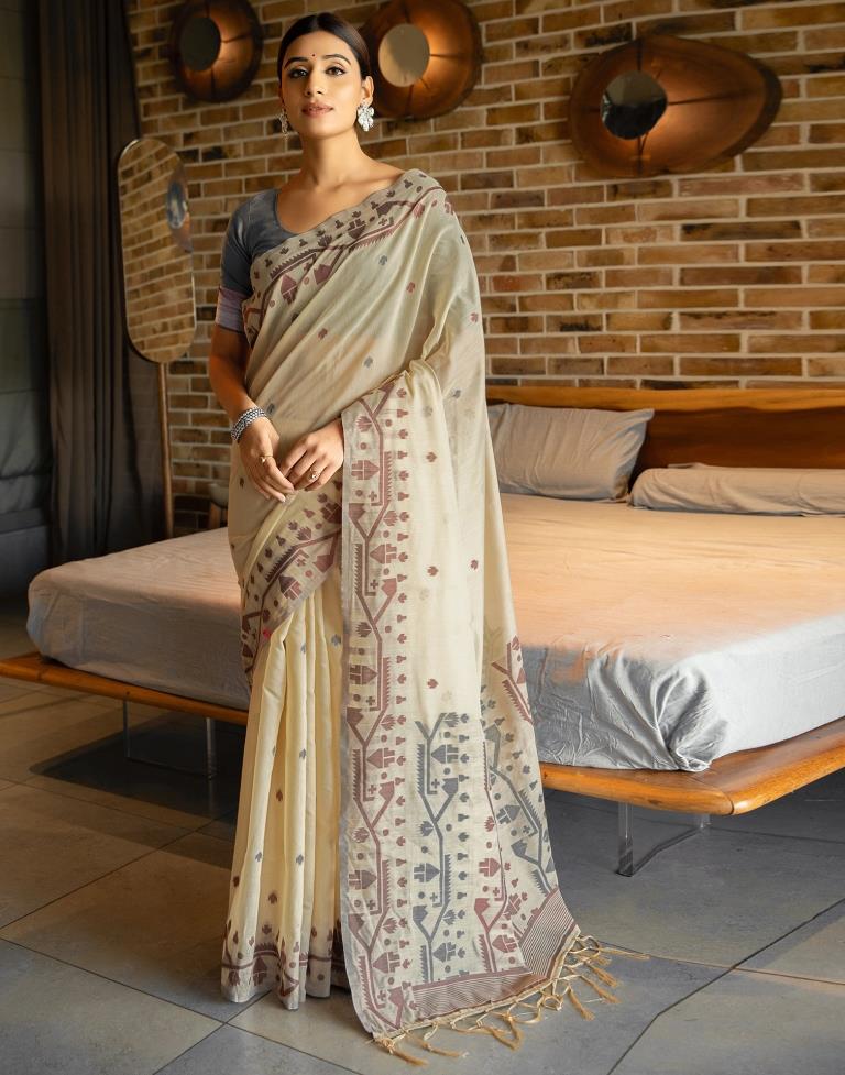 Beige Cotton Woven Saree