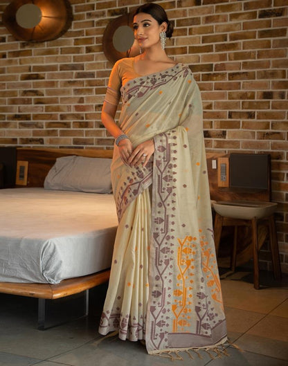 Beige Cotton Woven Saree