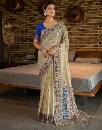 Beige Cotton Woven Saree