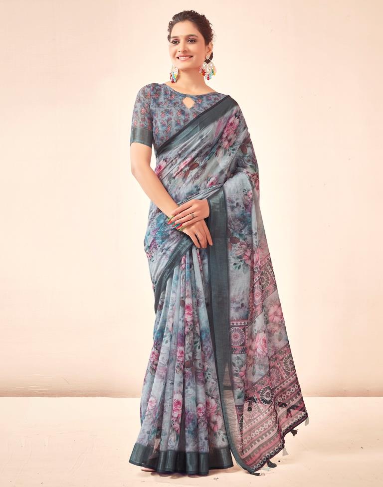 Grey Linen Printed Saree