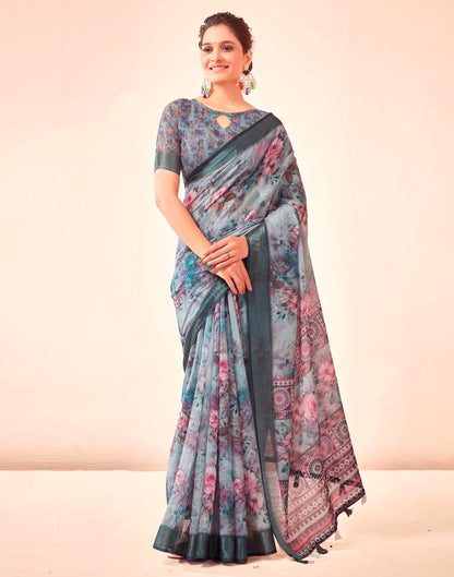 Grey Linen Printed Saree