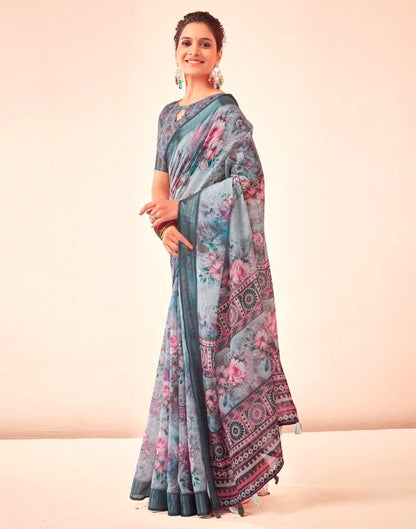 Grey Linen Printed Saree