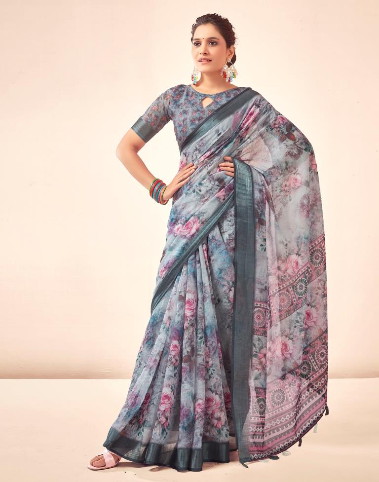Grey Linen Printed Saree