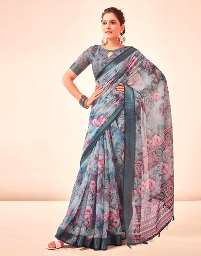 Grey Linen Printed Saree