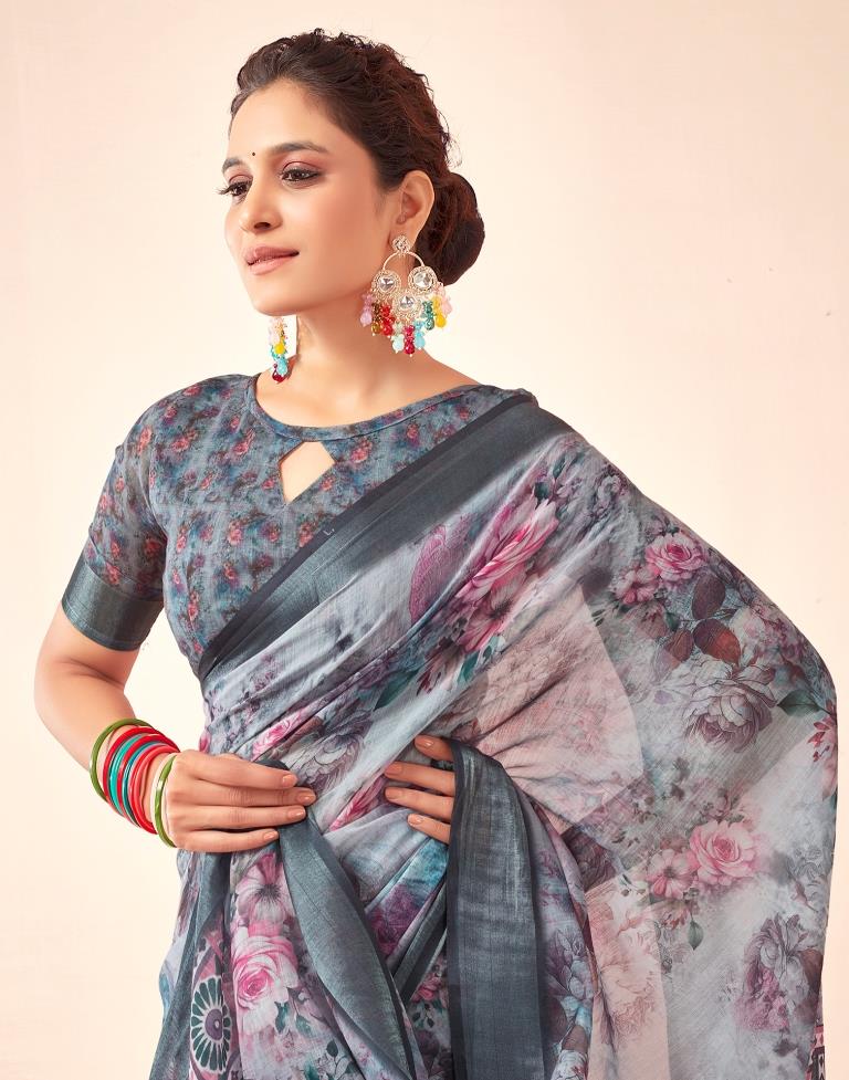 Grey Linen Printed Saree