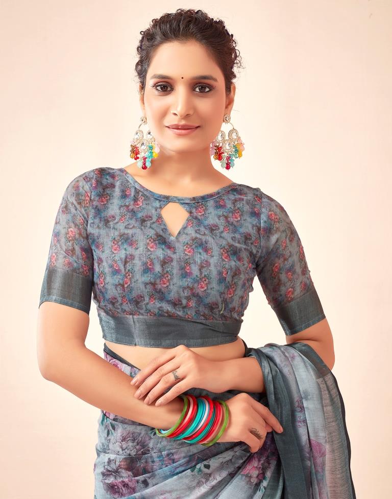 Grey Linen Printed Saree