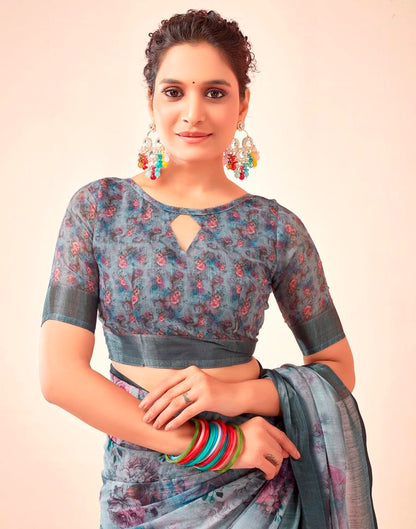 Grey Linen Printed Saree