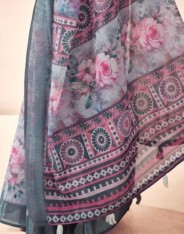 Grey Linen Printed Saree