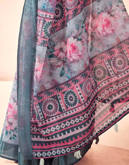 Grey Linen Printed Saree