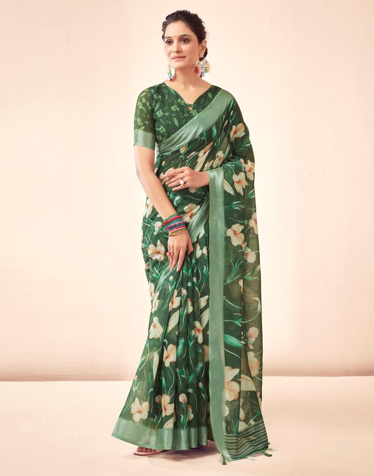 Dark Green Linen Printed Saree