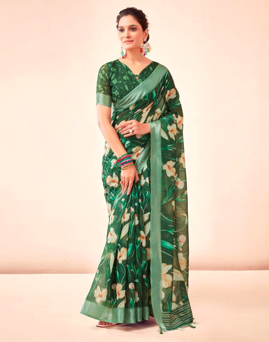 Dark Green Linen Printed Saree
