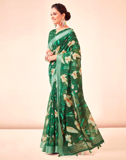 Dark Green Linen Printed Saree