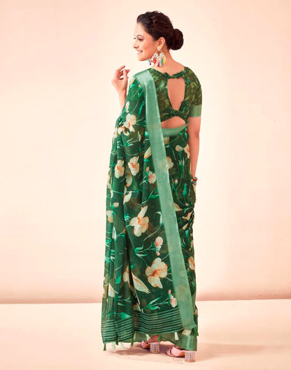 Dark Green Linen Printed Saree