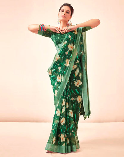 Dark Green Linen Printed Saree
