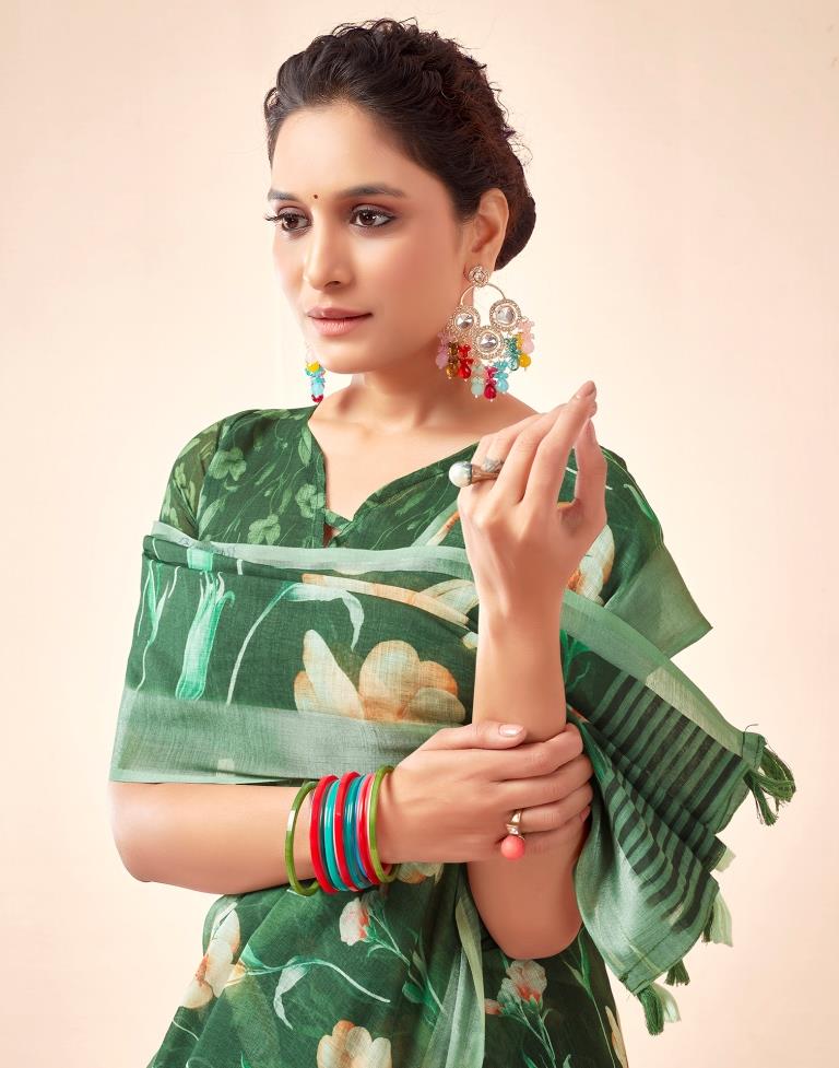 Dark Green Linen Printed Saree