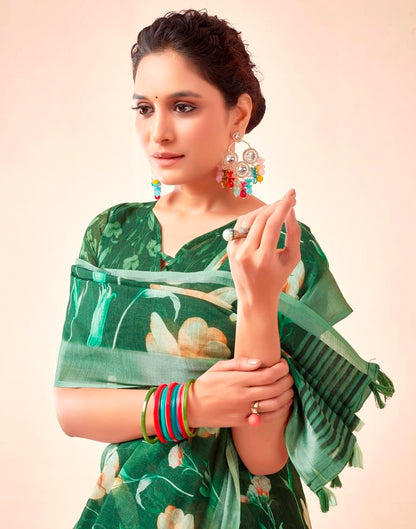 Dark Green Linen Printed Saree