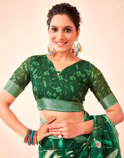 Dark Green Linen Printed Saree