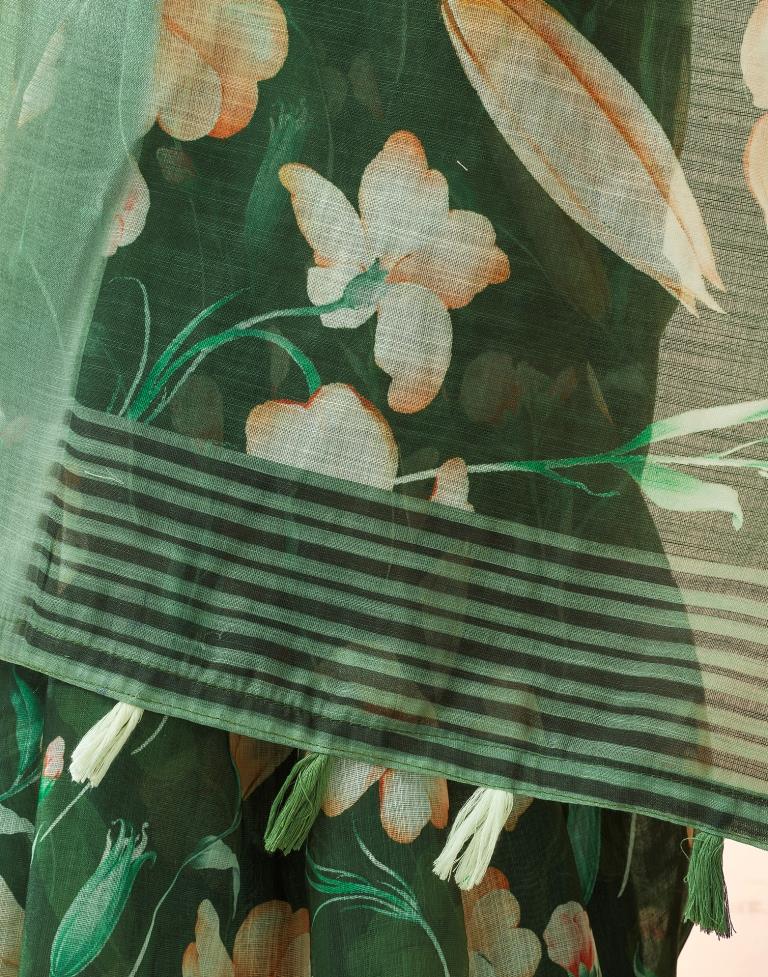 Dark Green Linen Printed Saree
