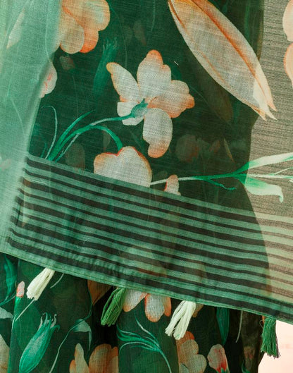 Dark Green Linen Printed Saree
