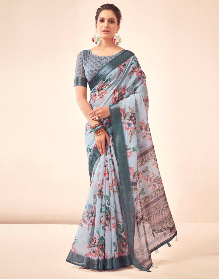Grey Linen Printed Saree
