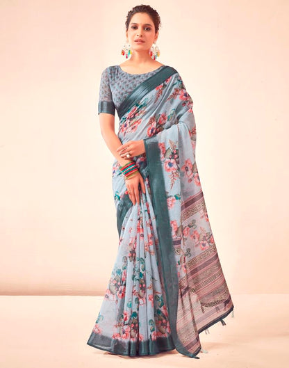Grey Linen Printed Saree