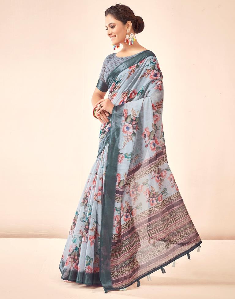 Grey Linen Printed Saree