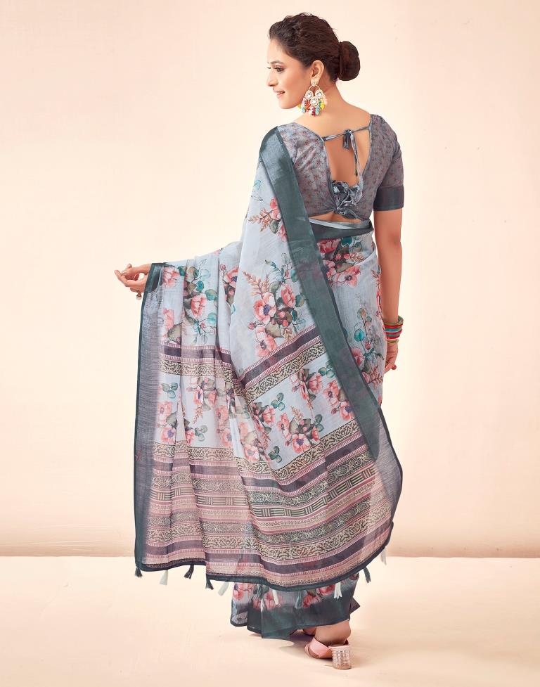 Grey Linen Printed Saree