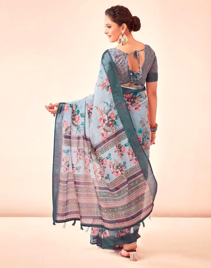 Grey Linen Printed Saree