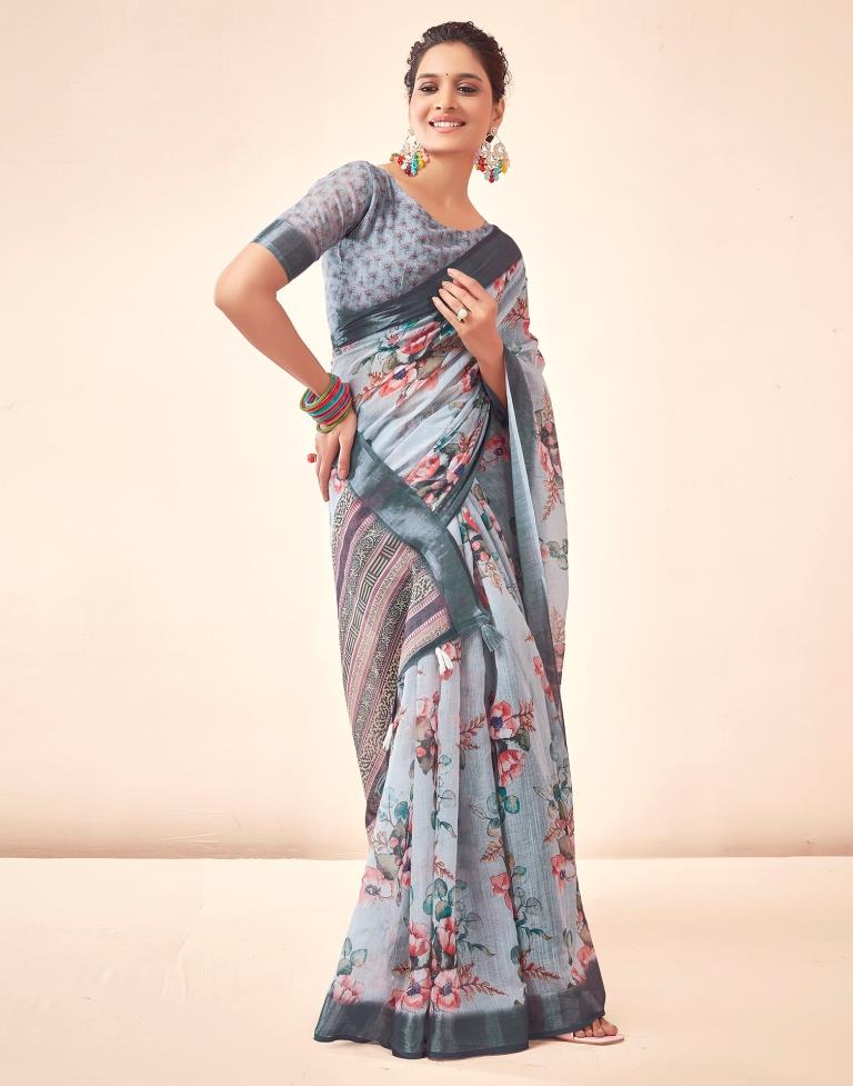 Grey Linen Printed Saree