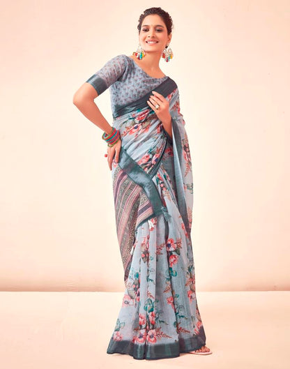 Grey Linen Printed Saree