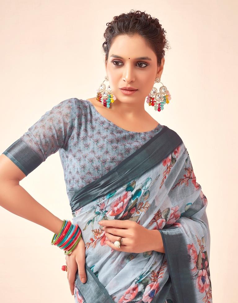 Grey Linen Printed Saree