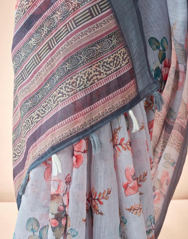 Grey Linen Printed Saree