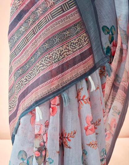 Grey Linen Printed Saree