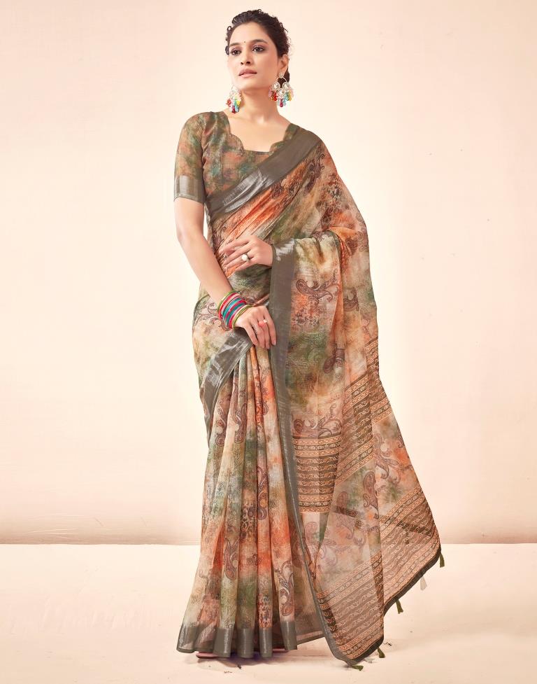 Mehandi Green Linen Printed Saree