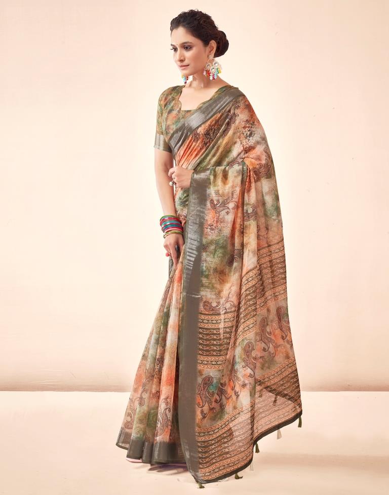 Mehandi Green Linen Printed Saree